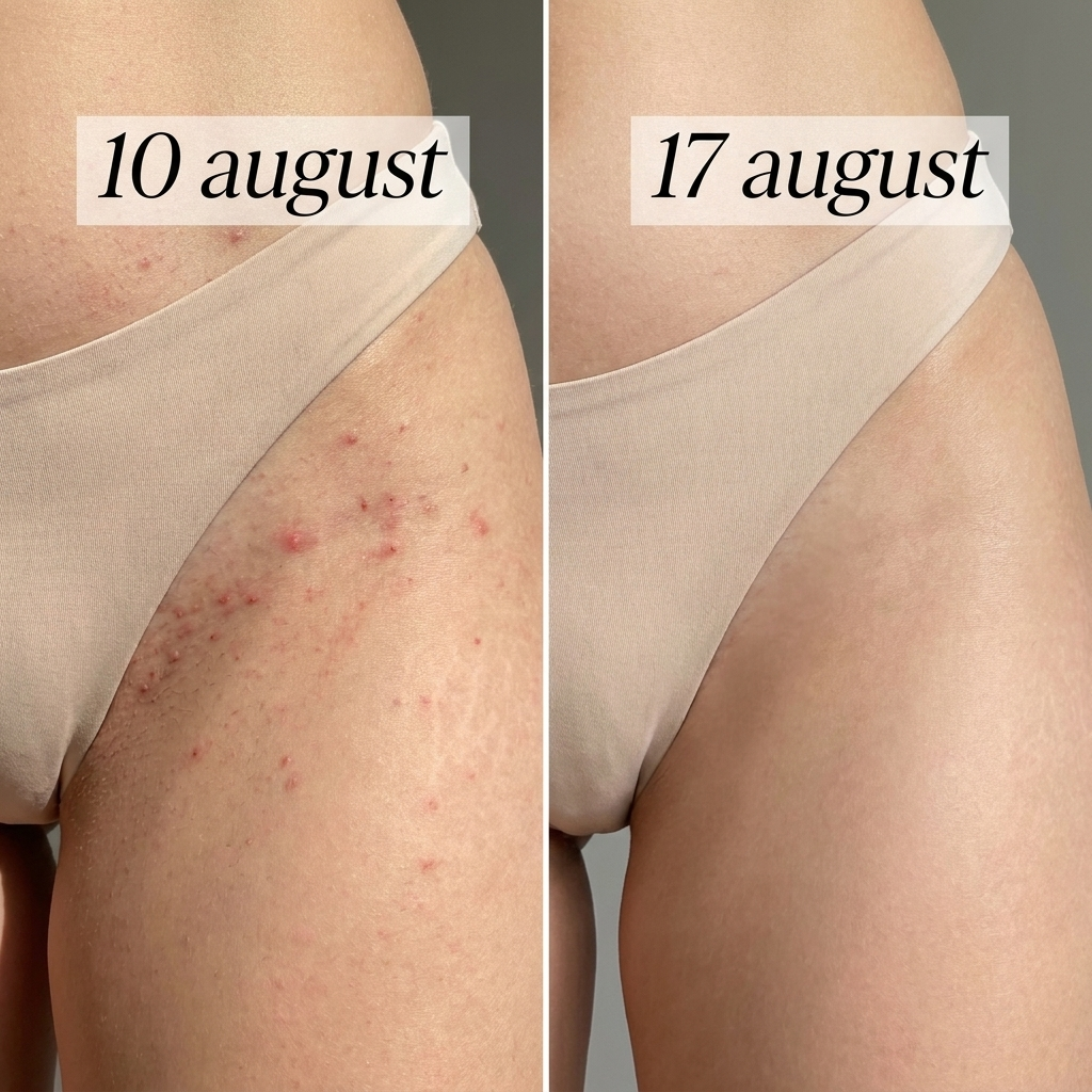 F&oslash;r og efter ShaveSafe, bikinilinje &mdash; 10. august vs. 17. august
